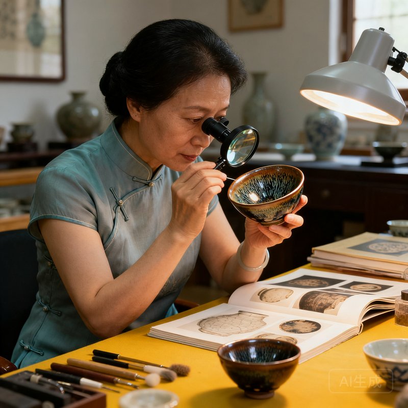 瓷器鉴定专家陈雅文女士，四十五岁左右，身着素雅的青灰色旗袍，在鉴定室中手持一只宋代建窑茶盏，借助专业放大镜仔细观察釉面纹理，桌上摆放着各种鉴定工具和参考图录。