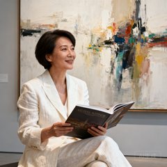 一位四十岁左右的女性收藏家林女士，短发干练，身穿米白色亚麻西装，坐在现代风格的艺术画廊中，身后是一幅大型抽象油画，她手中拿着一本拍卖图录，目光专注而热忱。